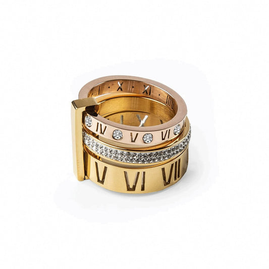 Roman Numeral Triple Band Ring — 18K Gold-Plated